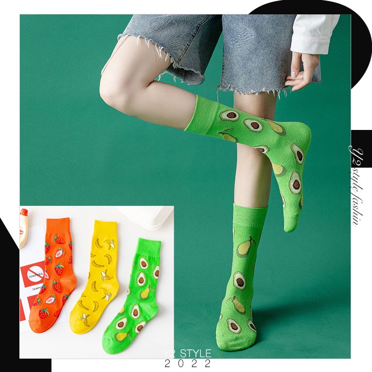 Y2 style▪️草莓香蕉酪梨水果造型襪子短襪小腿襪中筒襪▪️Y2style歐美設計款寬鬆中大尺碼yy-3