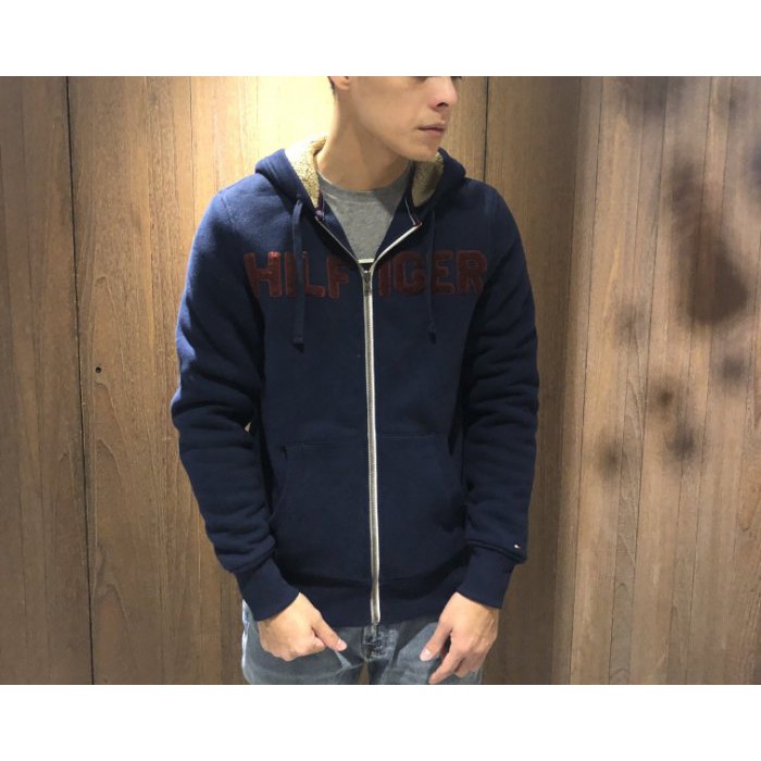 美國百分百【全新真品】Tommy Hilfiger 外套 TH 連帽夾克 刷厚毛 Logo 深藍 S 號 H481