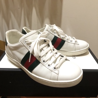 正二手Gucci古馳白色配綠紅綠線條女款休閒鞋