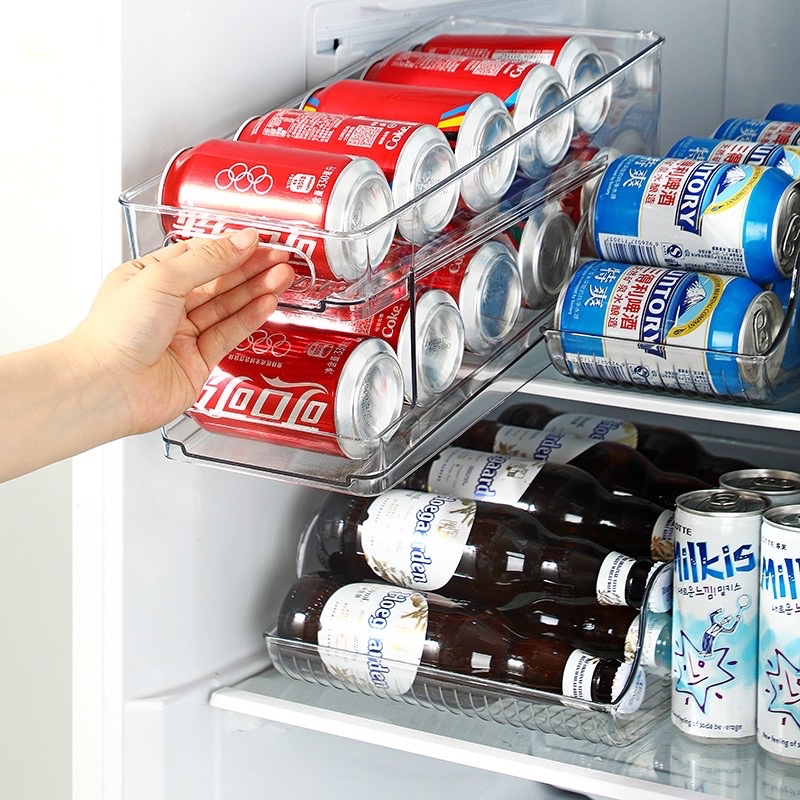 冰箱飲料收納 冰箱飲料啤酒收納盒 雙層滾動設計易拉罐儲物架 冷藏可樂雪碧整理盒自動滾落置物架