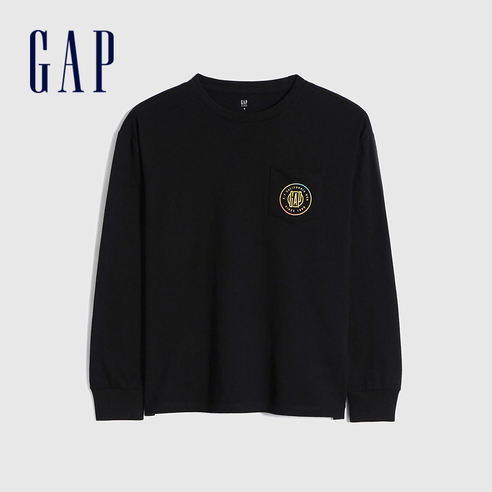 Gap 男童裝 Logo純棉長袖T恤 厚磅密織親膚系列-黑色(847747)