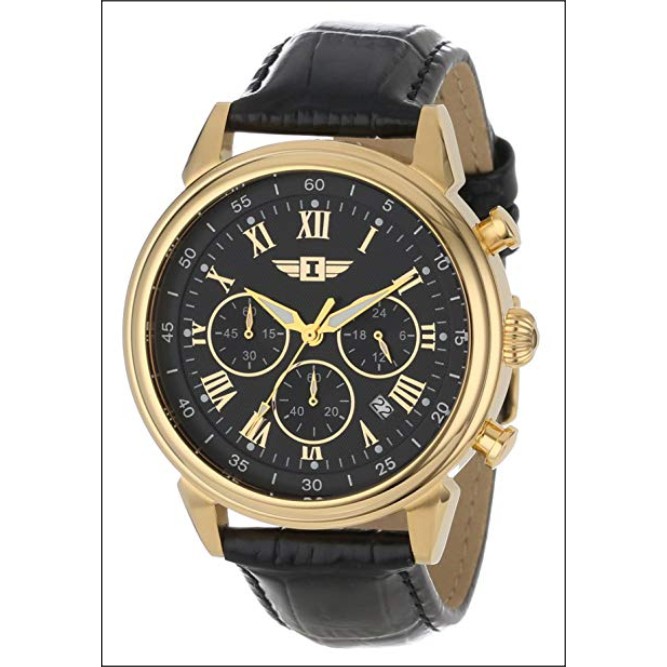 台灣保固英威塔Invicta 90242-003黑色真皮錶帶石英錶日本VD53機芯男士錶不鏽鋼金色錶框男錶手錶1515