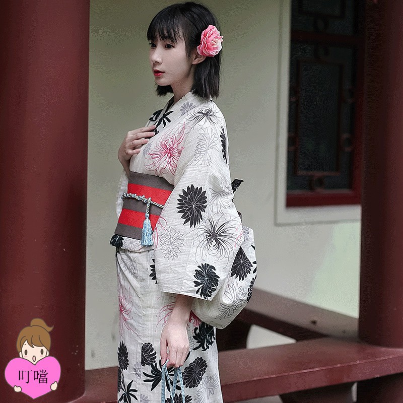 日本和服女仿亞麻正裝和服浴衣套裝素雅菊柄傳統和服夏日祭和服 蝦皮購物