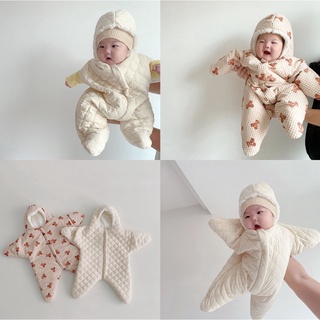 現貨 冬韓國海星新生兒包被格子小熊加厚夾棉嬰兒睡袋外出保暖嬰兒衣服