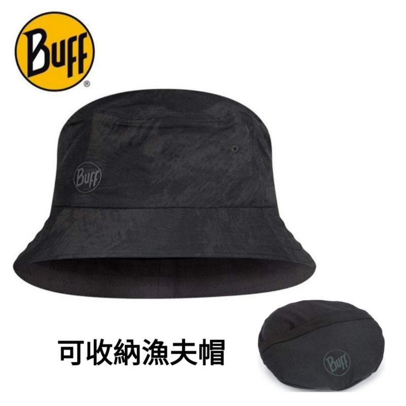 BUFF｜中性款可收納漁夫帽 防曬帽 登山帽 露營 -黑色墨花  BF122590-999防曬帽/遮陽帽)