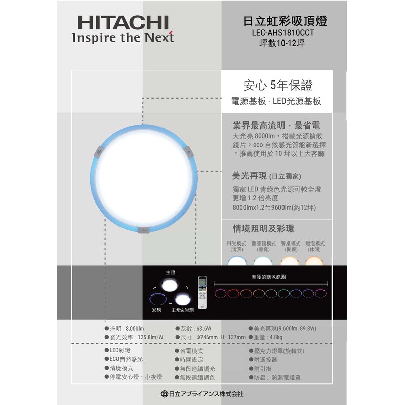 日本原裝 【燈聚】HITACHI 日立 63.6W LED吸頂燈 LEC-AHS1810CCT
