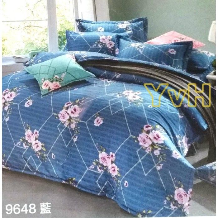 =YvH=(現貨)台灣製平價床罩組 台灣製造印染 100%精梳純棉表布 玫瑰 rose 藍色 9648 素花百褶床裙