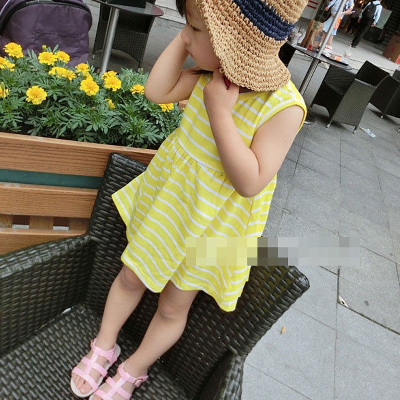 【出清】女童 可愛亮黃色   條紋  無袖洋裝