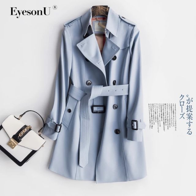 EyesonU新款韓版雙排扣風衣 莫蘭迪藍