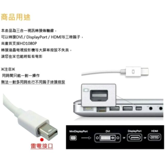 全新 - Mini Displayport to DP/HDMI/DVI 三合一視訊傳輸轉接線