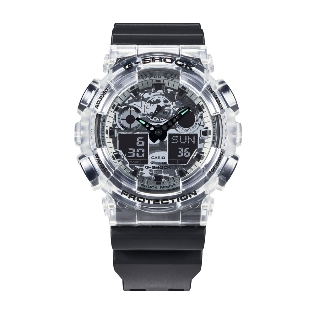 CASIO 卡西歐 男 G-SHOCK 迷彩半透明時尚運動腕錶-灰(GA-100SKC-1A)