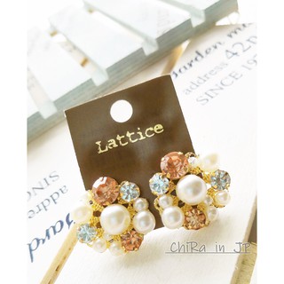 現貨_日本 Lattice 橘棕色水鑽珍珠華麗耳針耳環