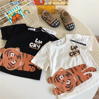 童裝 嬰幼兒服裝 夏季男女童寶寶卡通可愛洋氣貼布半袖上衣兒童立體小老虎短袖t恤