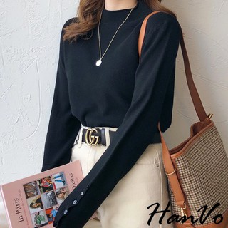 【HanVo】半高領捲邊排釦針織貼身上衣 百搭袖口釦子設計韓系長袖毛衣打底衫針織衫 女生衣著 A02-1566