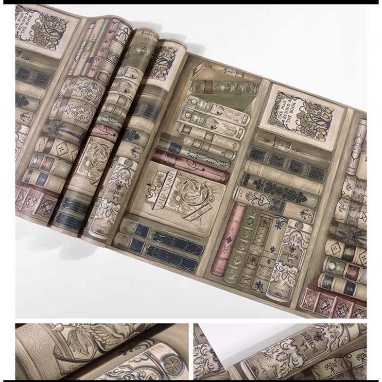 現貨不用等 美式鄉村歐式復古仿真立體書本 書架假書牆面壁紙 牆紙客廳臥室是書房直播背景 蝦皮購物
