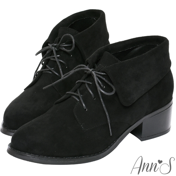 Ann’S小精靈-防水絨布反摺綁帶粗跟短靴-黑