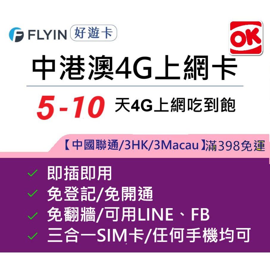 【好遊卡】中港澳卡 4G上網 吃到飽 大陸網卡 中港卡 中國網卡 中港 港澳 澳門 免翻牆 網卡 SIM卡  無限 聯通