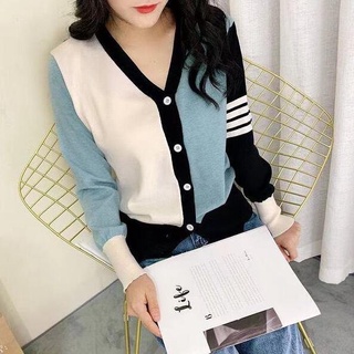 毛衣 上衣 長袖 新款時髦拼色V領外套女開衫寬鬆外搭時尚休閒針織衫上衣NA11-A 5357胖胖美依
