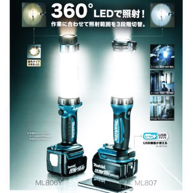 日本Makita 牧田 DML807 18/14.4V LED工作燈 露營燈 手電筒 附USB充電孔 行動電源