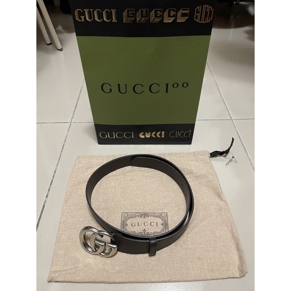 GUCCI 深咖啡色銀色LOGO馬夢皮帶.（原廠貨號397660男女通用款90cm)