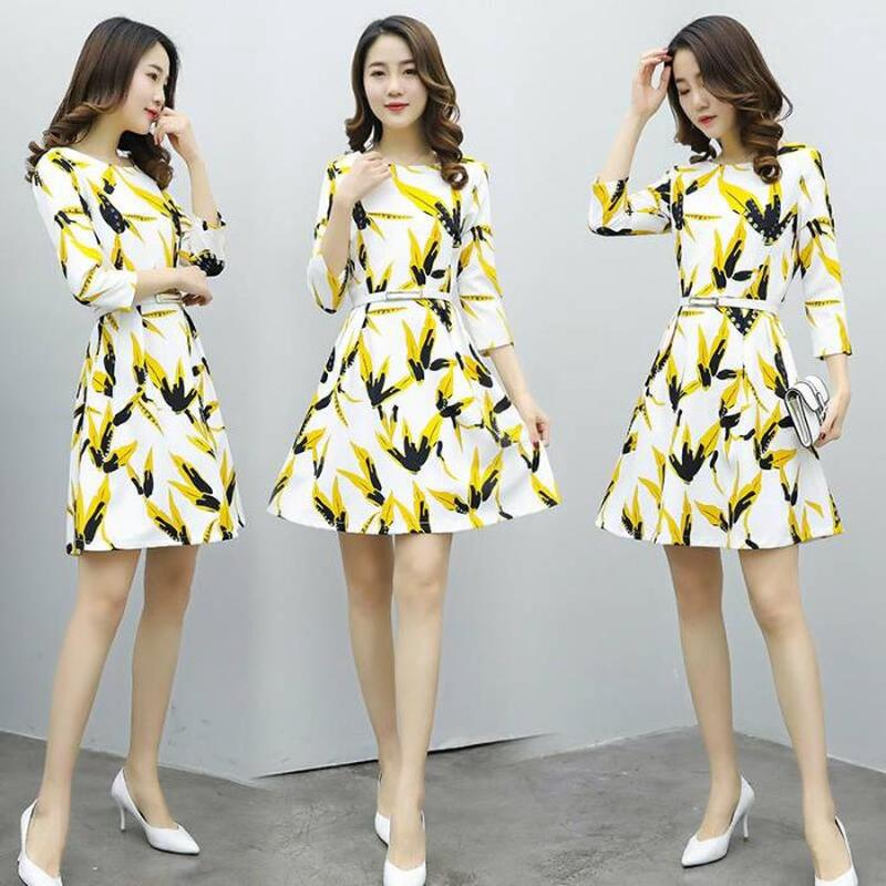 女裝時尚黃色印花碎花連衣裙修身長身修身腰臀裹身連衣裙黃色連衣裙 蝦皮購物