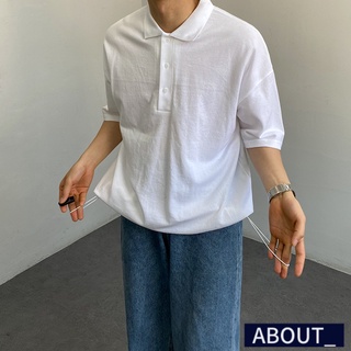 【ABOUT_歐巴】翻領下抽繩設計短袖POLO衫 韓 短袖上衣 休閒上衣 ins 街頭 夏 男