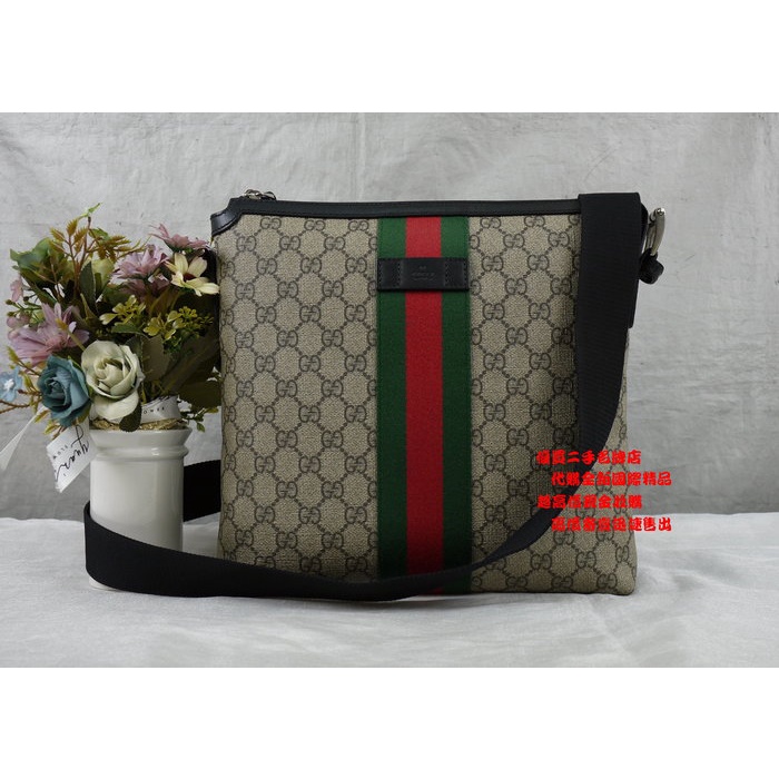 優買二手精品名牌店 GUCCI 387111 咖啡 防水 PU 綠紅綠 肩背包 斜背包 郵差包 航空包 手拿包 記者包