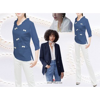 FASHION STAR~MIT臺製獨家~純手工一體成型創新V領荷葉~超值瘦純棉~韓劇款珍珠蝴蝶結牛仔藍上衣XS~4XL