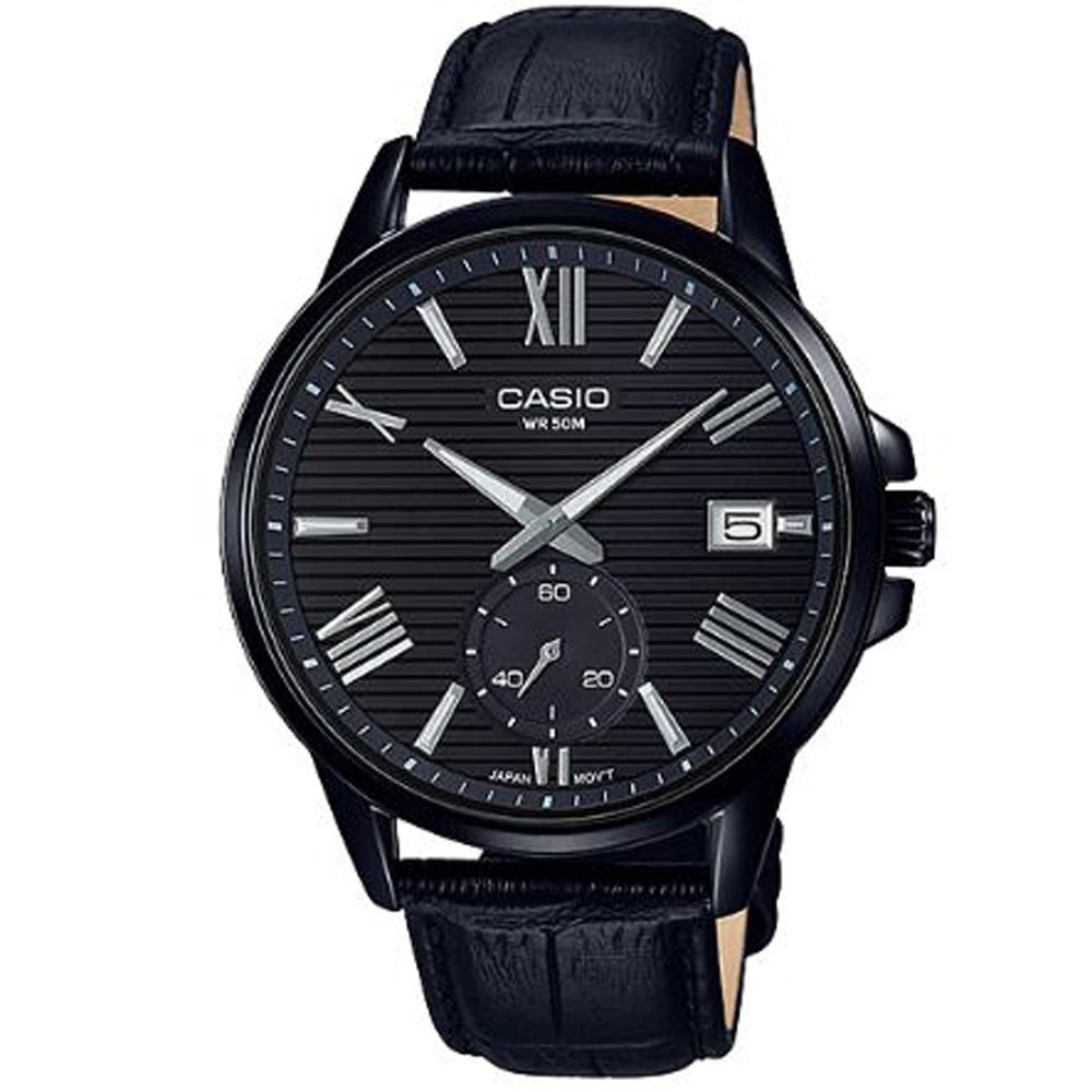 【CASIO】條紋時尚單眼羅馬紳士皮帶腕錶-黑框黑面(MTP-EX100BL-1A)正版宏崑公司貨