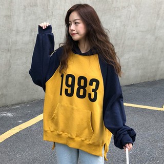 蔓莎💞2023秋冬寬松韓版學院風女裝撞色插肩袖連帽套頭加絨衛衣女外套 厚款 女生衣著