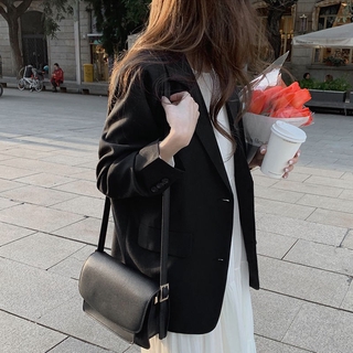 有貨~韓版西裝外套簡約氣質秋冬外套中長版黑色外套女百搭寬鬆長袖外套早秋風衣外套女春秋季黑色色小個子韓版英倫風西裝氣質外套