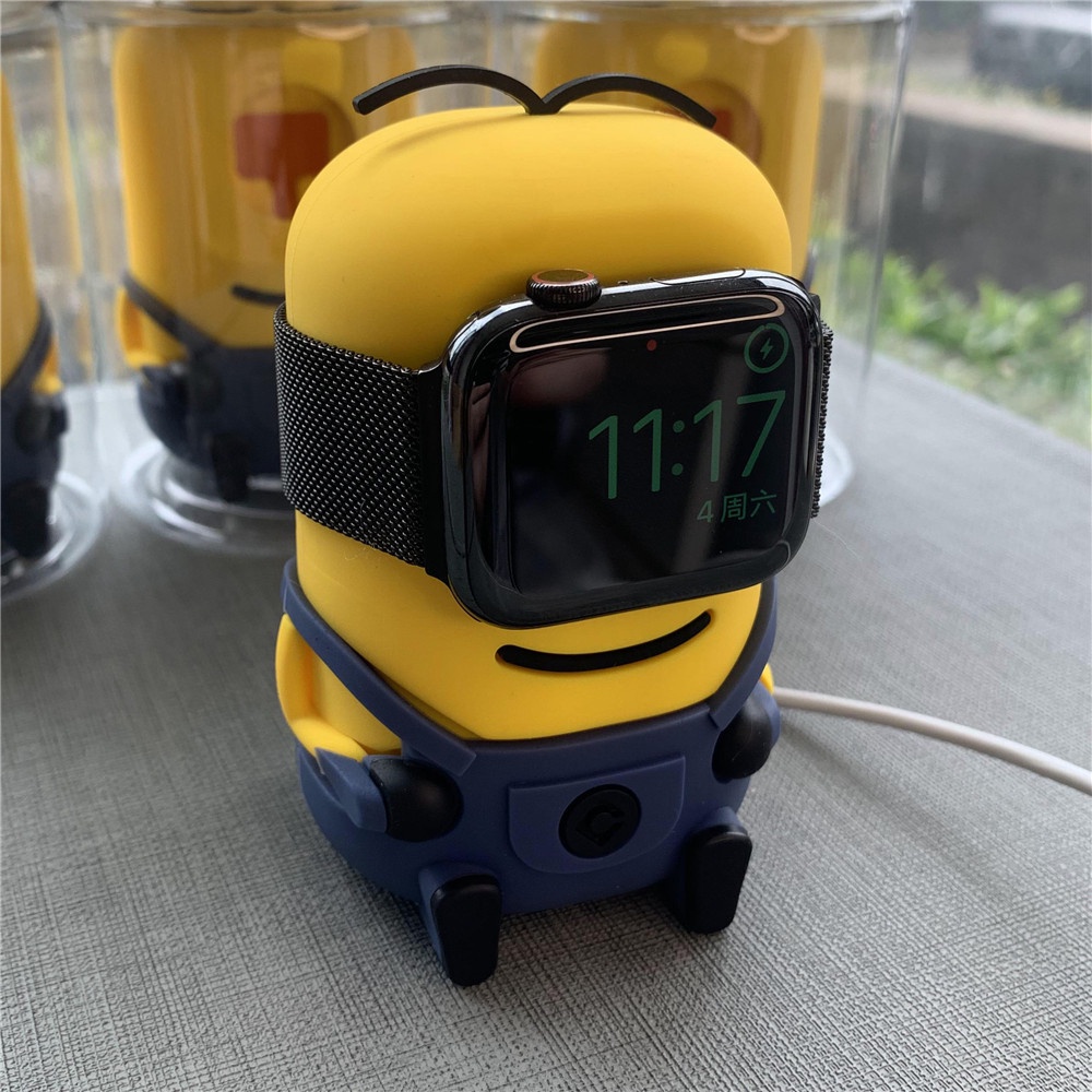 可愛小黃人蘋果手錶矽膠支架 適用Apple Watch 7 6 SE 5 4 3充電線收納 卡通造型辦公桌面裝飾 充電架