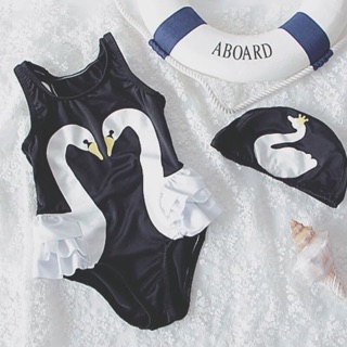 女童女寶寶黑色天鵝連體泳衣連身泳衣泳裝