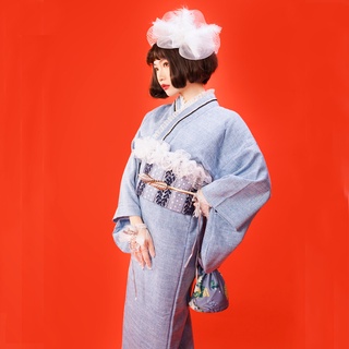 日本和服女 改良 便穿 蕾絲藍棉滌小紋和服 大正 浪漫風裝和服