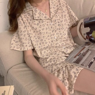 ⚡現貨⚡韓國豹紋睡衣女夏季新款網紅短袖短褲溫柔家居服薄款開衫二件套裝