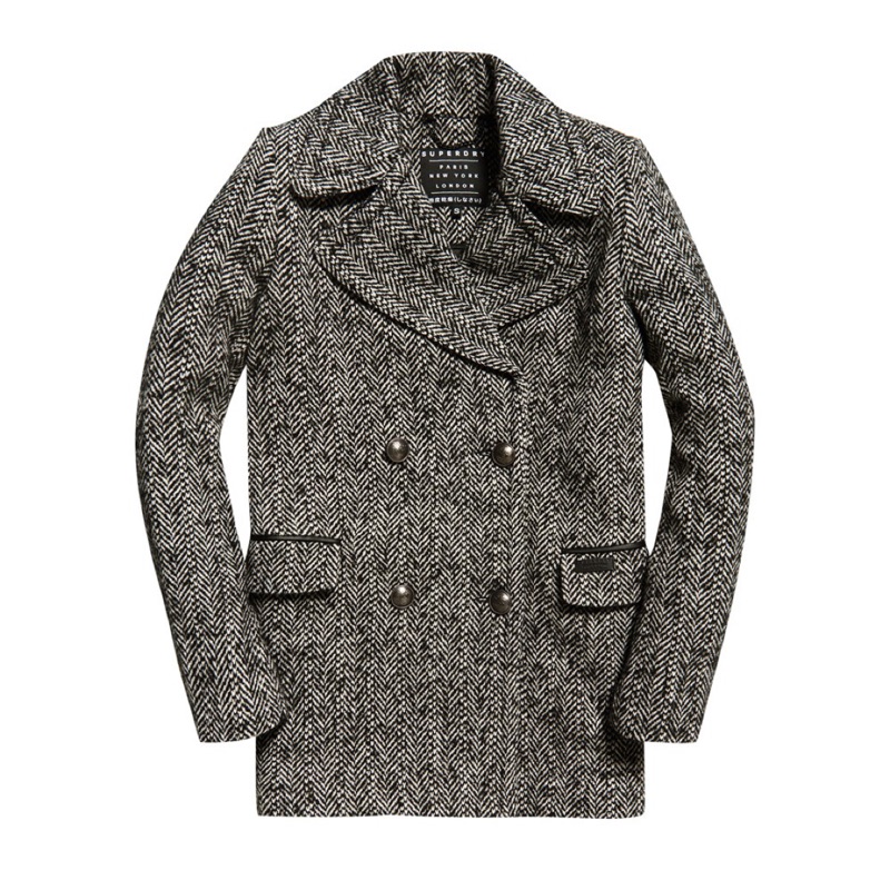 SUPERDRY  經典羊毛海軍雙排扣大衣  斑點人字紋  Classic Wool Pea Coat  L 號