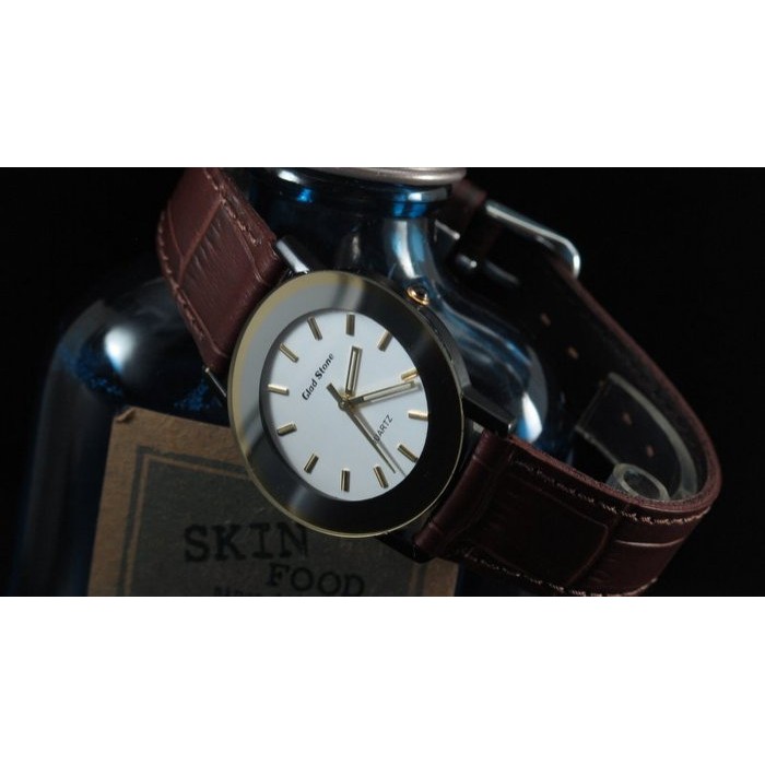 台灣品牌glad stone防水石英錶特殊弧面錶鏡;真皮面製錶帶,日本星晨miyota 2035石英機心