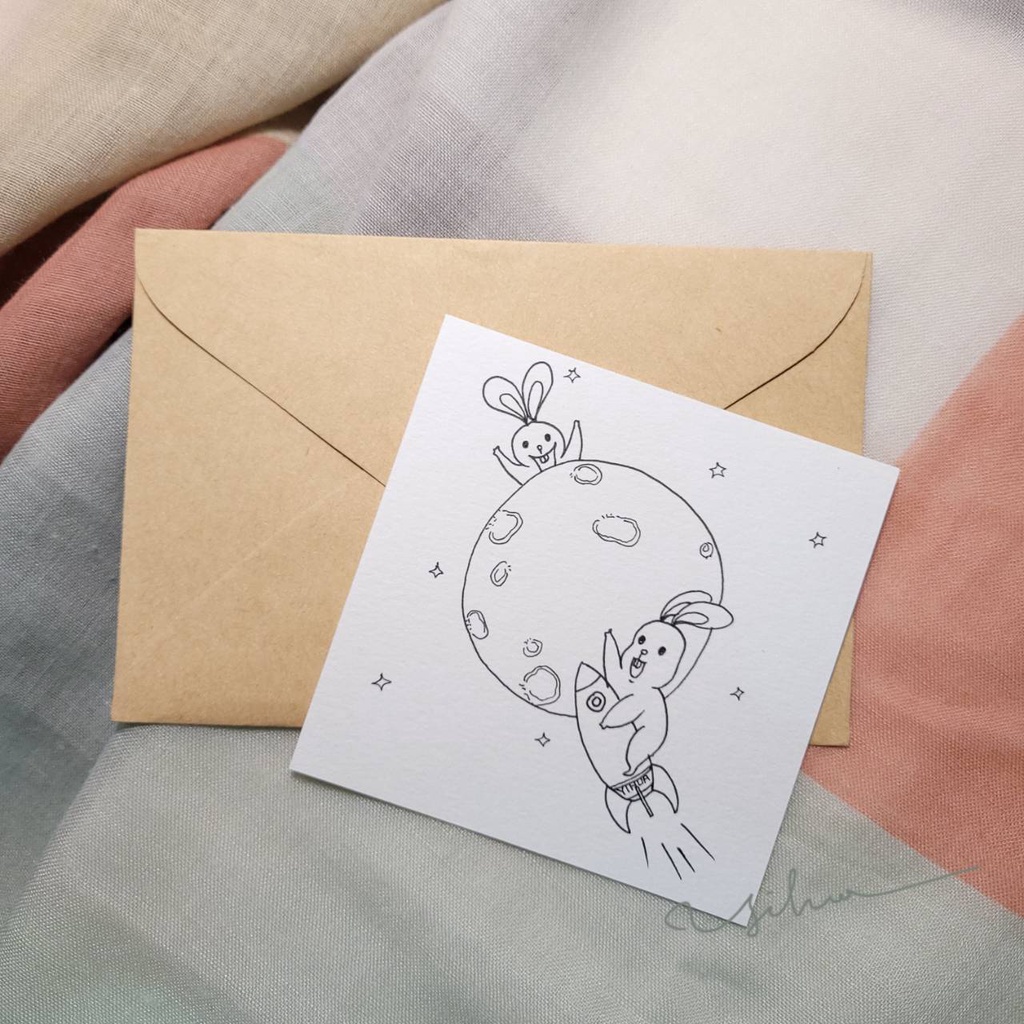 【一花畫話】手繪卡片 祝福問候卡 線條畫系列 ─ 火箭兔兔(含信封)