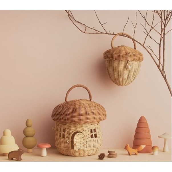 Ｗhatsinmybag 兒童 草編 藤編 包包 手提 小蘑菇房子 橡果 小房子 可側揹 可當收納箱 造型可愛