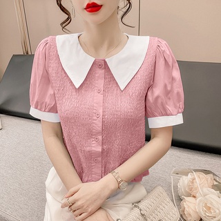 愛依依 上衣 襯衣 小衫 S-XL新款設計感修身顯瘦娃娃領褶皺減齡洋氣短袖襯衫上衣T342-1680.
