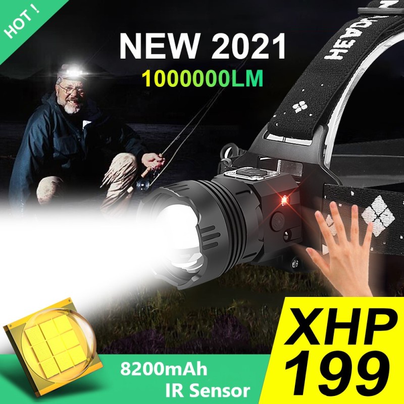 1000000LM LED頭燈XHP199 XHP160手電筒XHP90釣魚頭燈XHP100 18650紅外感應頭燈