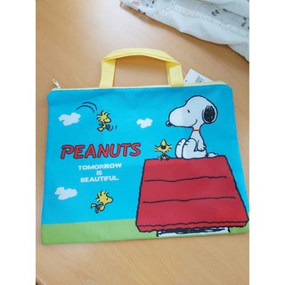 花見雜貨~日本進口 全新正版 snoopy 史努比 史奴比 尼龍 手提袋 補習袋 收納袋 有拉鍊 A4可放