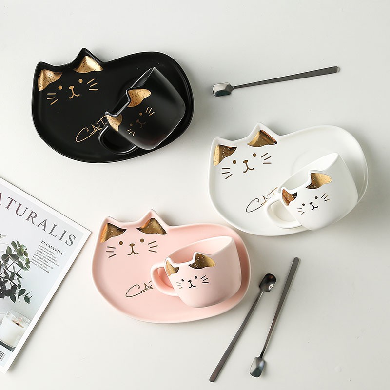 [現貨] 咖啡杯 馬克杯 杯盤組 貓咪造型 陶瓷北歐風 質感描金 3色 附小勺子