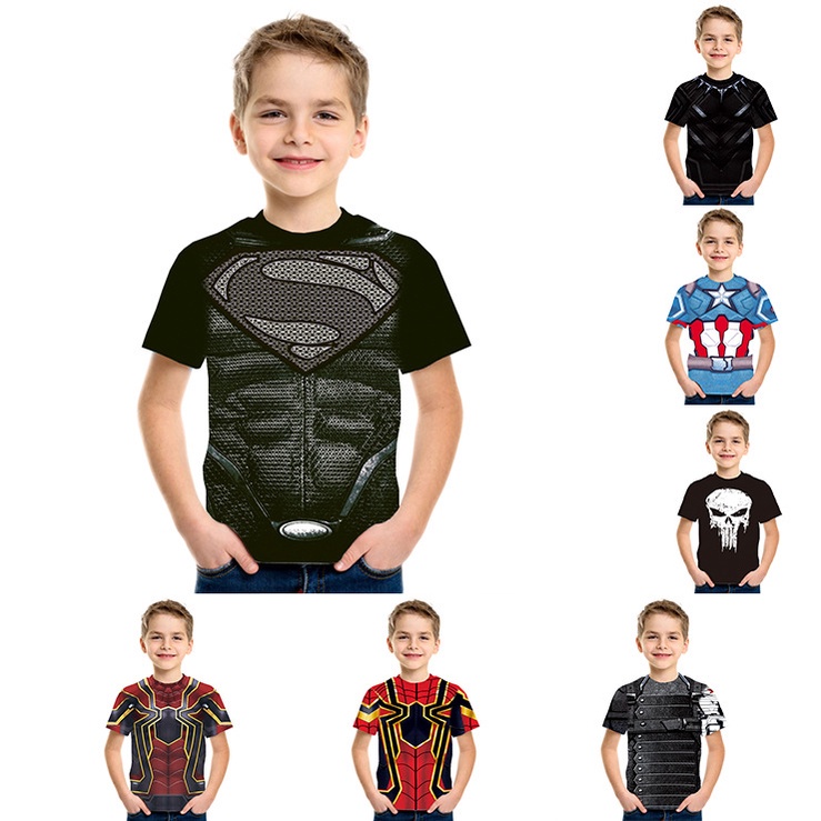 3D數碼印花男童短袖上衣漫威T恤蝙蝠人運動短袖緊身衣系列超級影響漫威復仇者聯盟鋼鐵人蜘蛛人美國隊長超人鷹眼永恆族兒童上衣