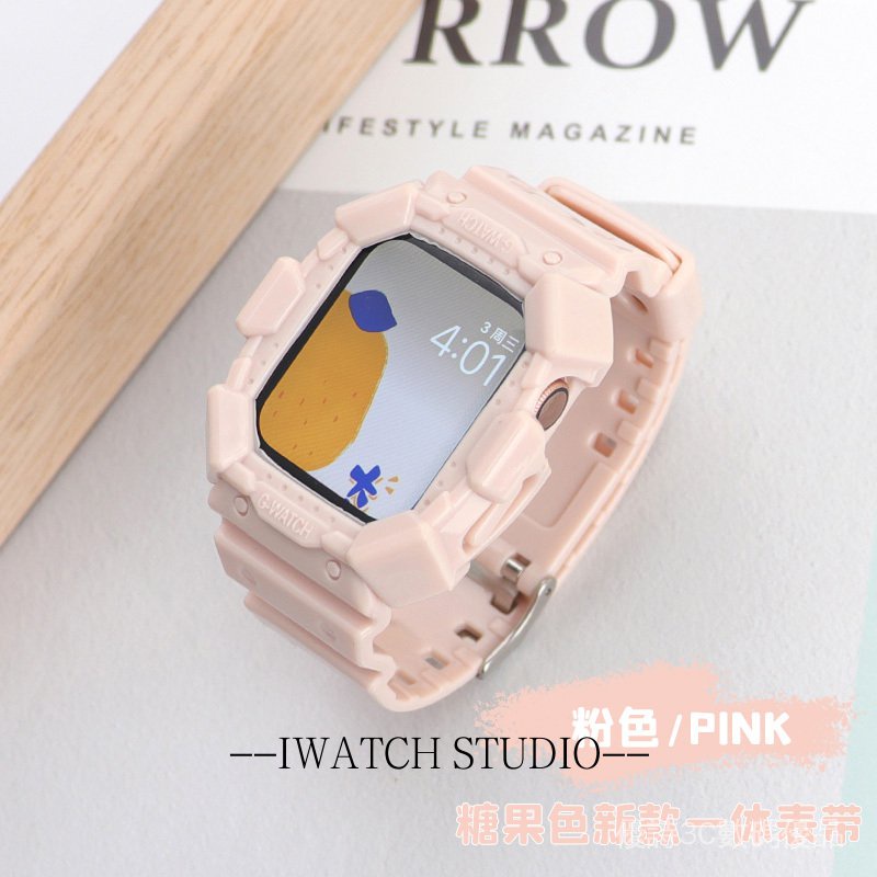 現貨適用Apple watch S9 8 7 6 SE卡西歐造型一件式錶帶 iwatch 9代矽膠一件式錶帶