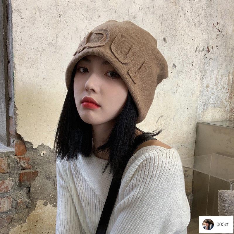 桃桃 帽子 網紅秋冬新款日系顯臉小字母冷帽子女網紅護耳包頭帽大頭圍復古針織帽 蝦皮購物