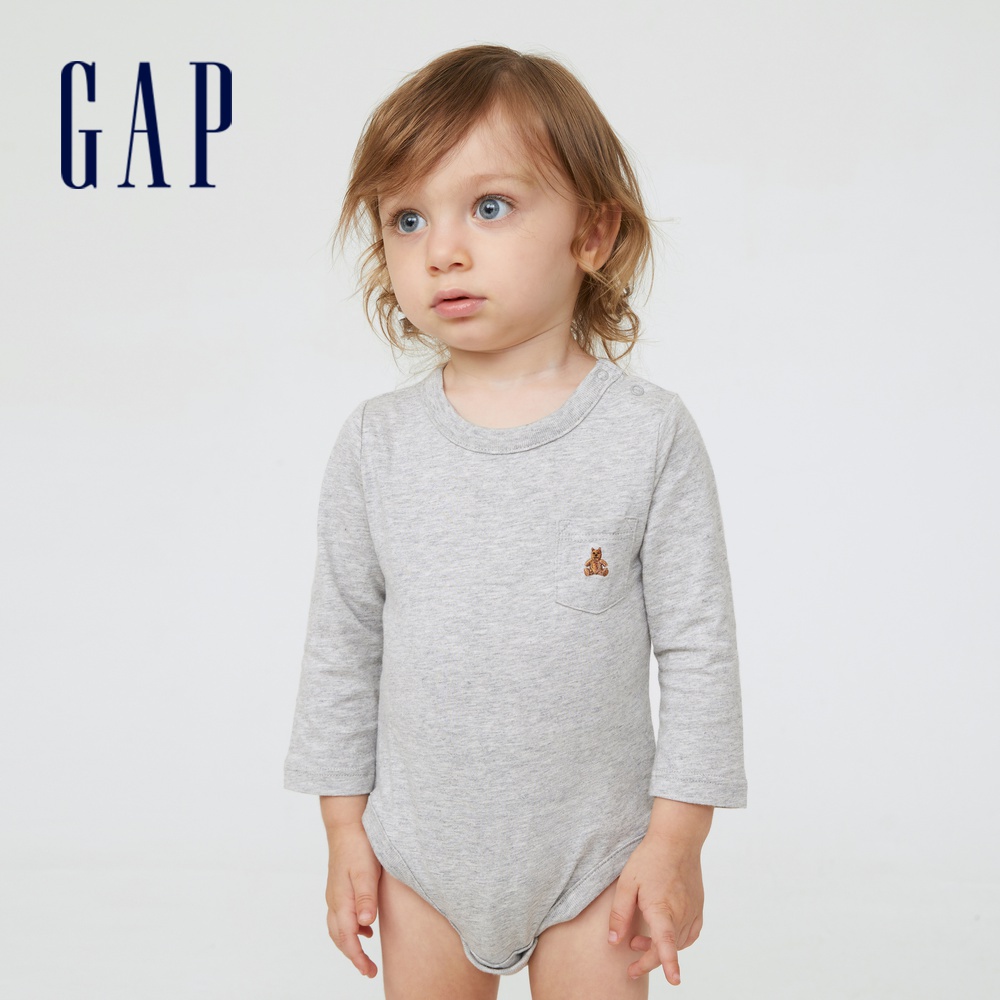 Gap 嬰兒裝 純棉長袖包屁衣 布萊納系列-灰色(729997)
