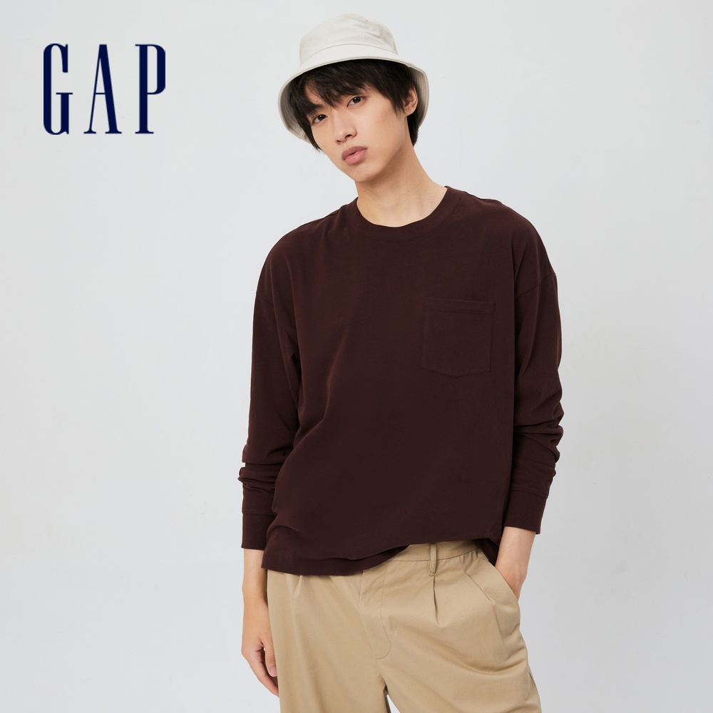 Gap 男裝 寬鬆長袖T恤 厚磅密織碳素軟磨系列-深咖色(742762)