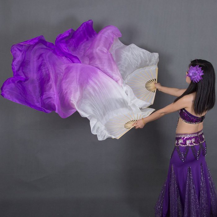 手舞足蹈舞蹈用品 白淺紫深紫色漸變真絲長飄扇 長綢舞蹈扇 肚皮舞演出扇 蝦皮購物