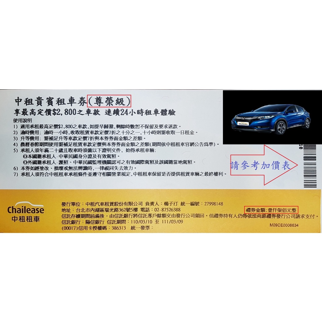 持尊榮級中租租車券租HR-V臨櫃取車不分平假日，只要再刷820元